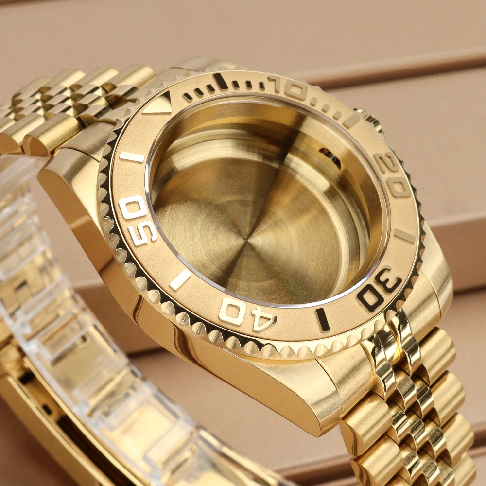 40MM Gold PVD Watch Case Fashion Waterproof Sapphire Glass For NH35 NH36 NH34 ETA 2824 Miyota8215 Movement Watchbands 120 Clicks