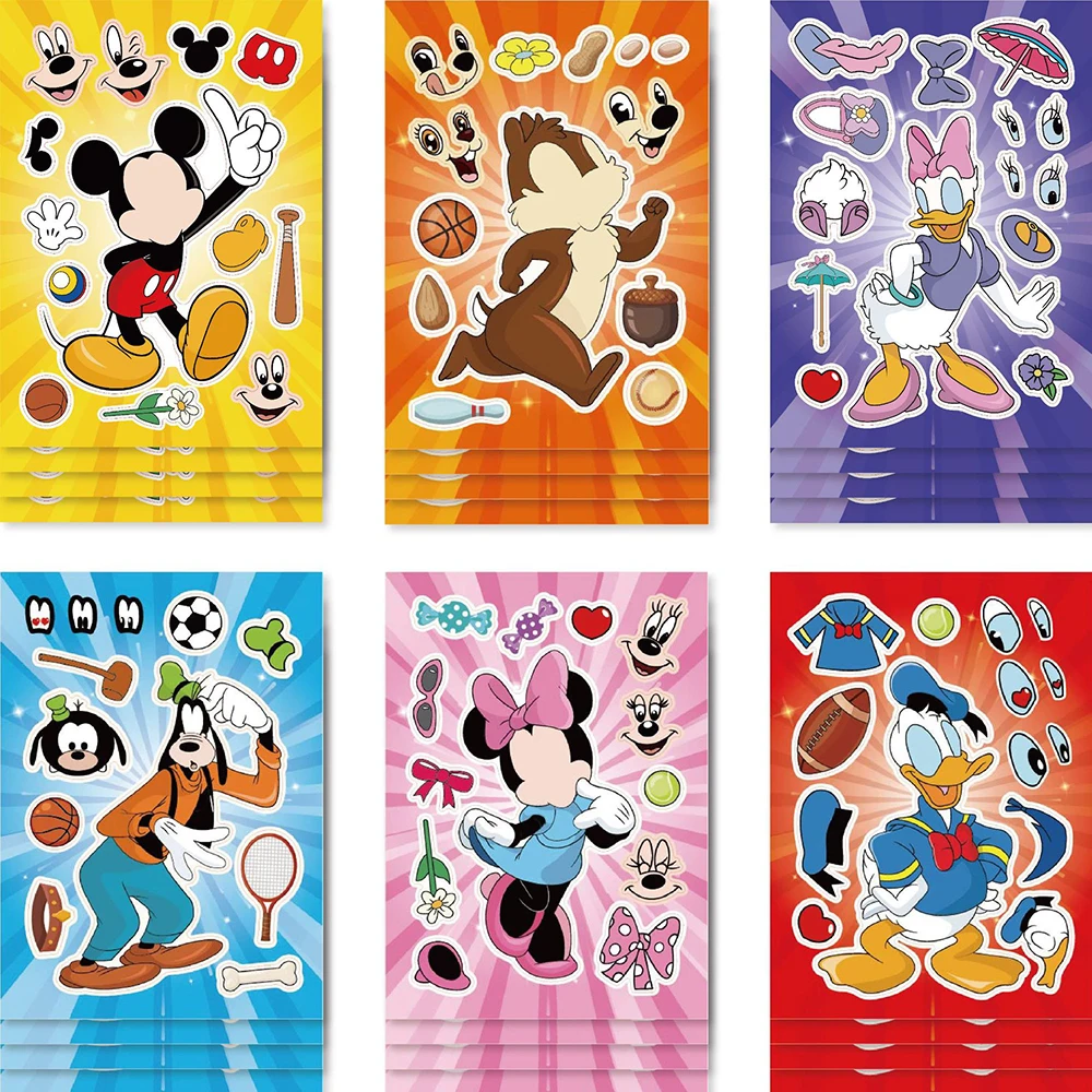 6/12Sheets Disney Children Puzzle Stickers Make-a-Face Mickey Mouse Donald Duck Minnie Kids Jigsaw Game For Boys Girls Party Toy