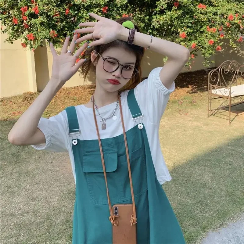 Set da donna stile coreano allentato semplice tuta dritta pagliaccetti estate manica corta a sbuffo top corto solido abiti a due pezzi alla moda