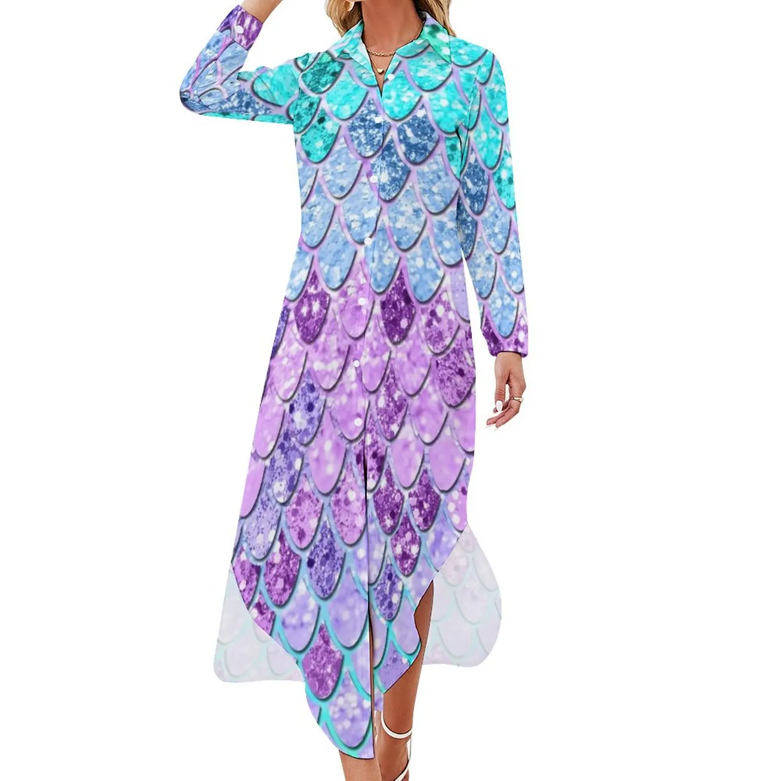 

Mermaid Scales with Unicorn Girls Glam #9 (Photo of Glitter Only - Not Reflective) Long Sleeved Shirt Dress Women long dress