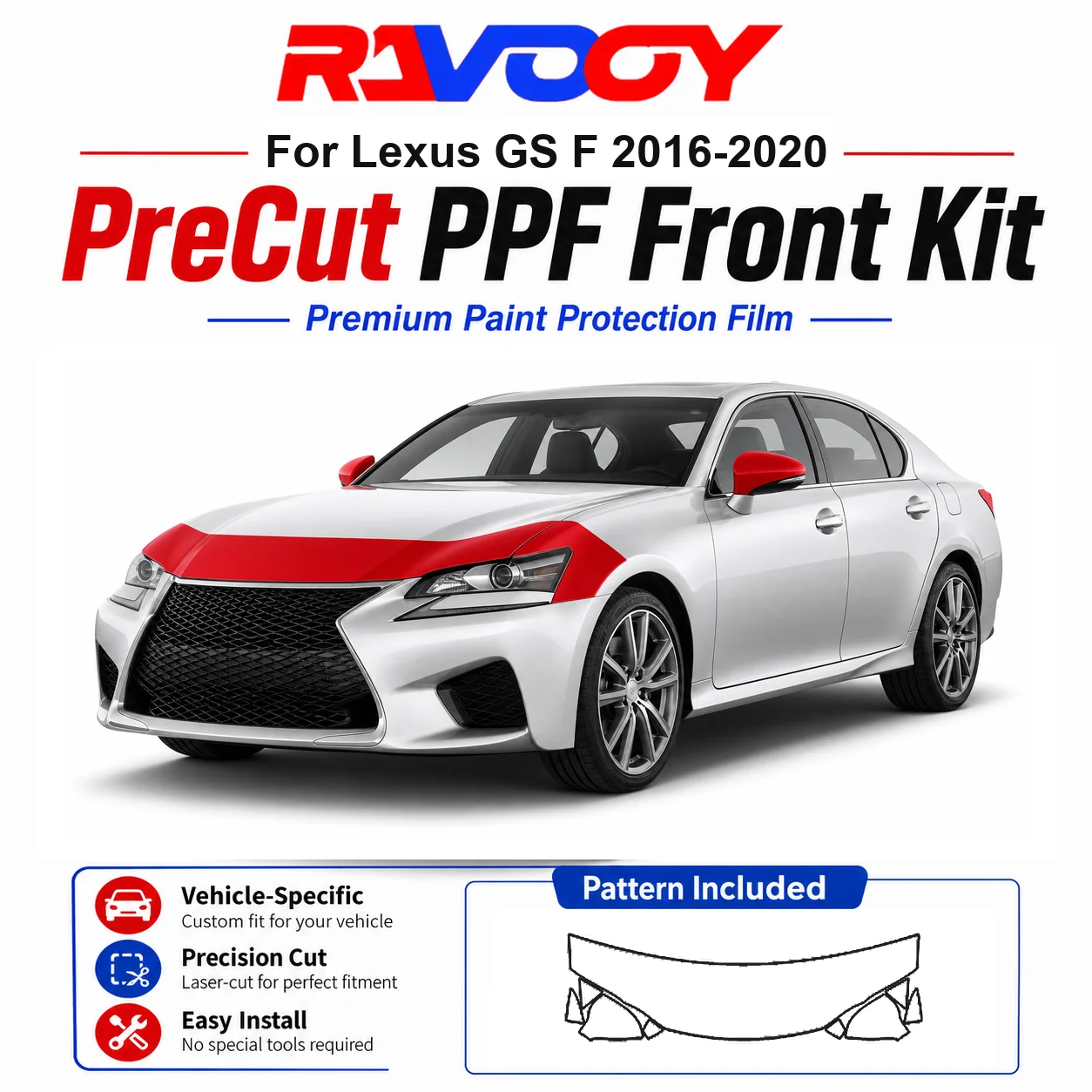 

8.5mil TPU Precut PPF Kit For Lexus GS F 2016-2020 - Hood, Partial Fenders & Full Mirror Set - Self-Healing Gloss Clear Bra Film