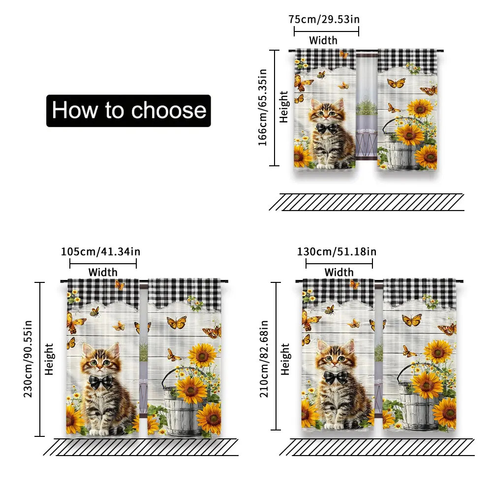 2Pcs Cute Country Cat Sunflower Curtains Rustic Wood Printed Curtains Suitable For Bedroom Bathroom Living Room Dining Room