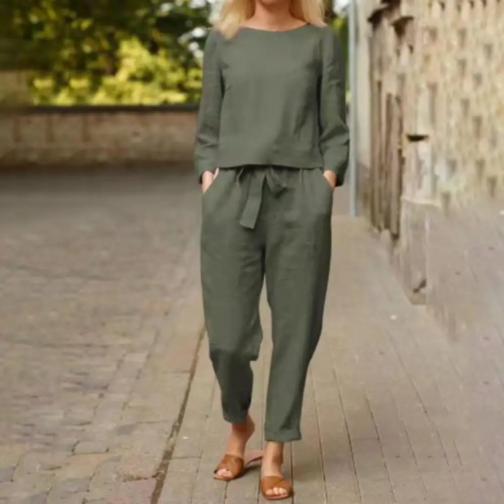 Women Shirt Breathable Elastic Waist Women Two-piece Suit Solid Color O Neck Top Long Pants for Sweat Absorption Two Piece Sets