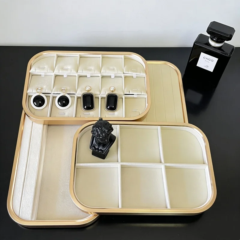 Premium Velvet Jewelry Tray - Gold Metal Display Stand for Rings Earrings Bracelets, Elegant Storage & Organizer Box