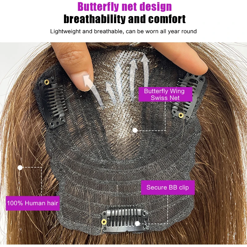 Swiss Lace Invisible Toppers Clip em Hairpieces para Mulheres, Extensões de Cabelo Humano, Franja Hairnet, 25cm, 13x12cm