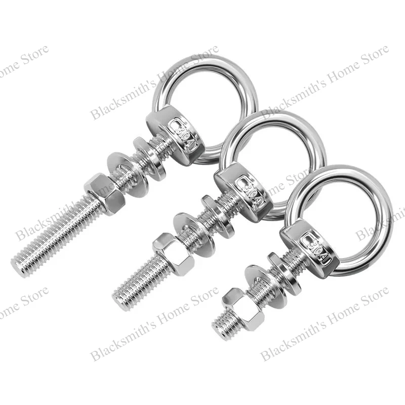 M6 M8 M10M~M24 304 Stainless Steel Extended Lifting Eye Bolt, Screw, Nut, Flat Washer and Spring Washer Combination Set 20~200mm