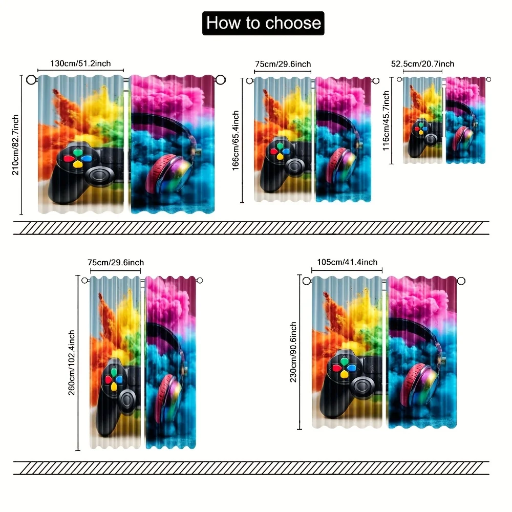 Colorful gaming headset controller Print Drapes Room Darkening Window Curtains Home Decor,Rod Pocket Blackout Curtains Bedroom