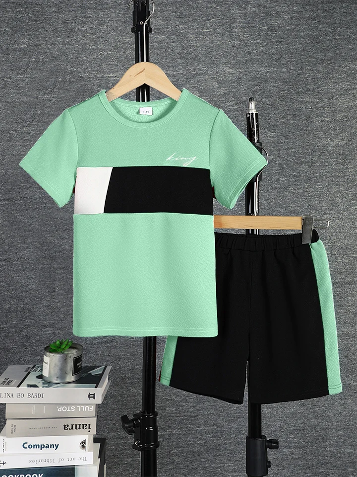 2-teiliges Set für Jungen, lässiges Outfit, Farbblock-Kurzarm-T-Shirt und Shorts, bequeme Sommer-Kinderkleidung, 8 Farben für Alter 7–15 Jahre – Detail 6