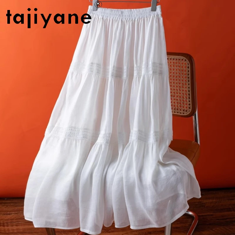 TAJIYANE 50% Linen + 50% Mulberry Silk Skirt Elegant White Long Skirts A-line Summer Skirt Woman Clothing 2026 faldas largas