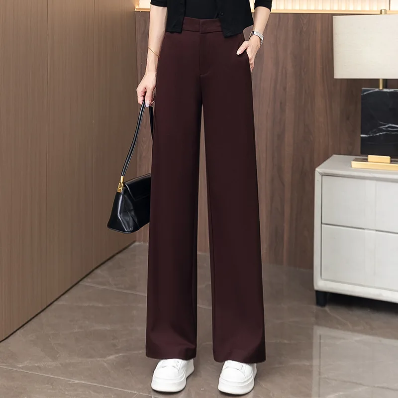 Pantaloni da abito drappeggiati a vita alta da donna Moda autunnale Nuovi pantaloni casual neri larghi e dritti