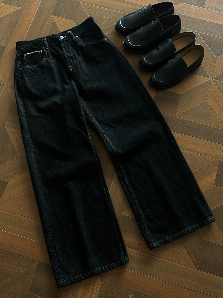 American High Street Retro Red Edged Original Jeans Cleanfit Straight Loose Pants Men's mid Waist Zipper Winter Denim Jeans