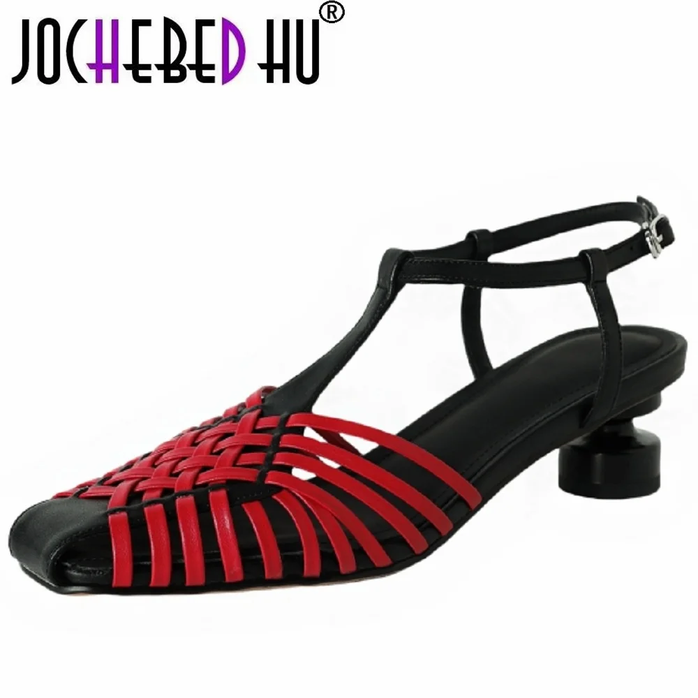 JOCHEBED HUWomen Handmade Genuine Leather  Square Toe Strange Mid Heel Weave Daily  Mixed Colors Sandals 34-40