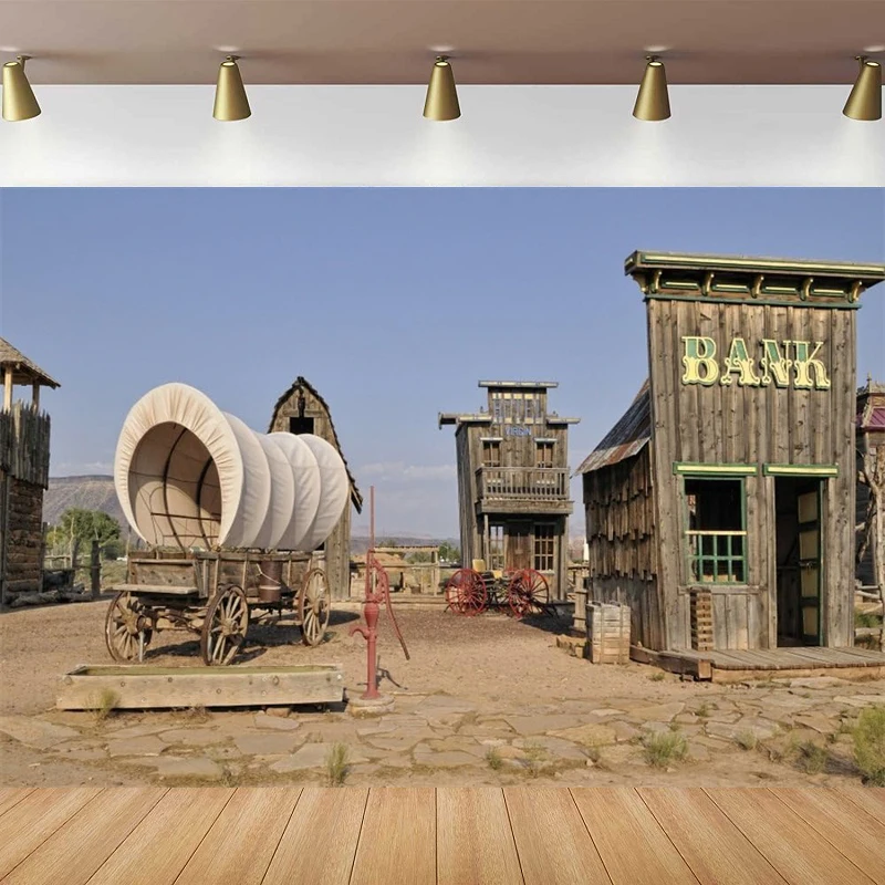 Wild West Theme Photography Backdrop Western Cowboy Country Settlers Town Scene Wooden Bank Building Covered Wagon Background