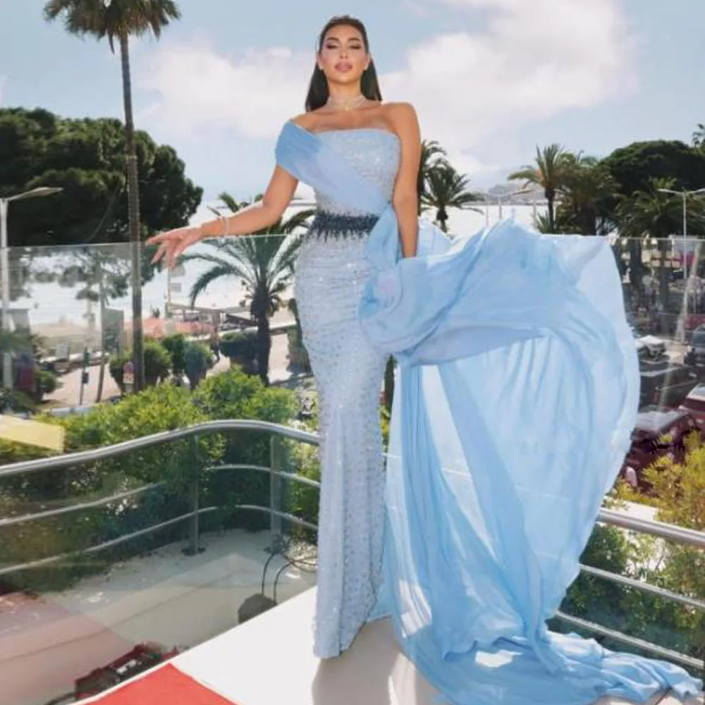 

Customized Blue Sequin Evening Dresses with Overskirt One Shoulder Mermaid فساتين سهرة 2025 With Black Beaded