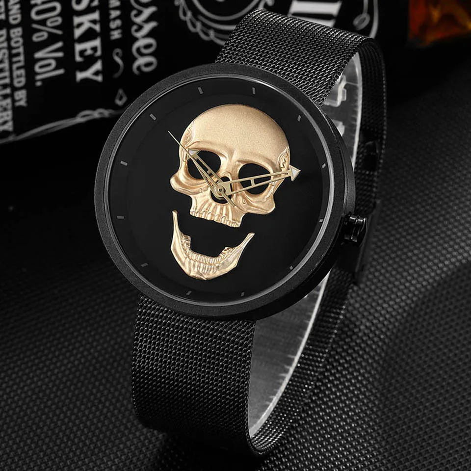 Reloj con cabeza de calavera tallada para hombre y mujer, de acero inoxidable, Unisex, negro, dorado, Steampunk, escultura, México