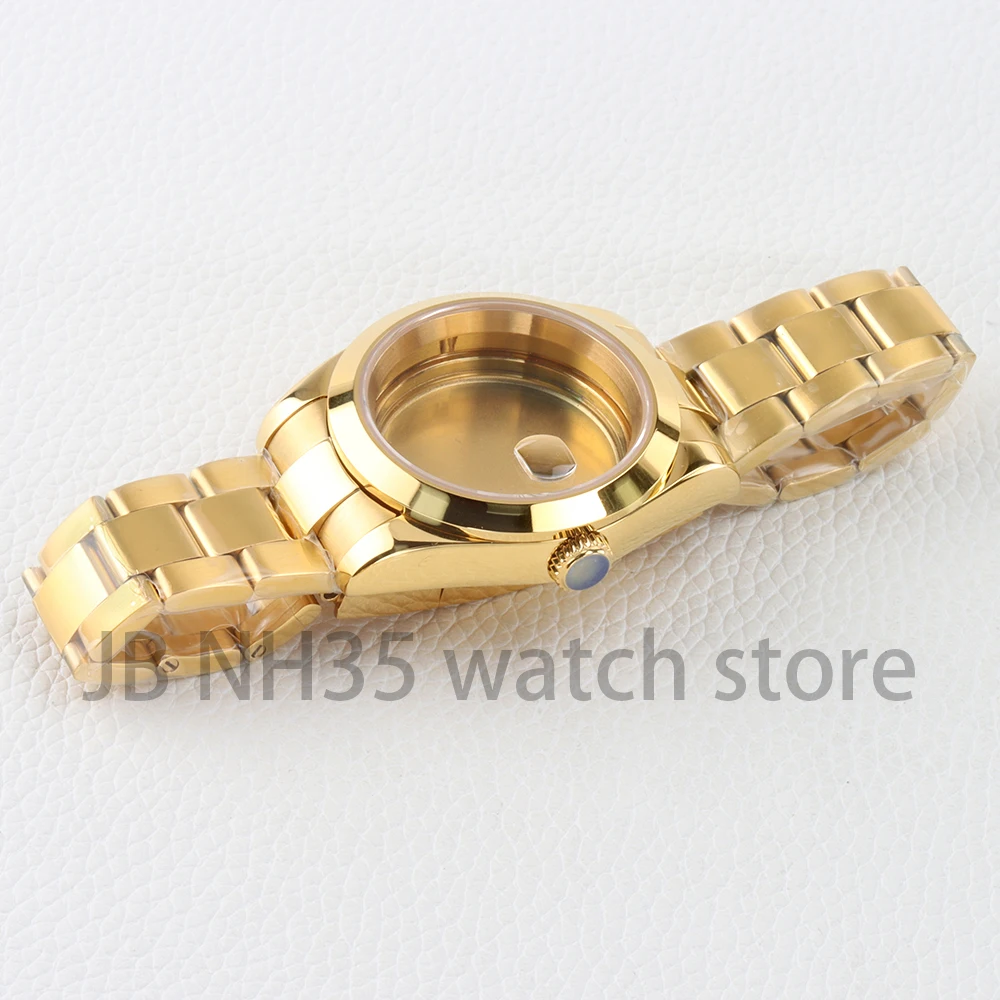 الذهب 36/39 مللي متر NH35 ساعة الحال بالنسبة DATEJUST NH35 NH36 حركة الياقوت الزجاج الفولاذ المقاوم للصدأ المحار مصقول حزام 28.5 مللي متر الهاتفي