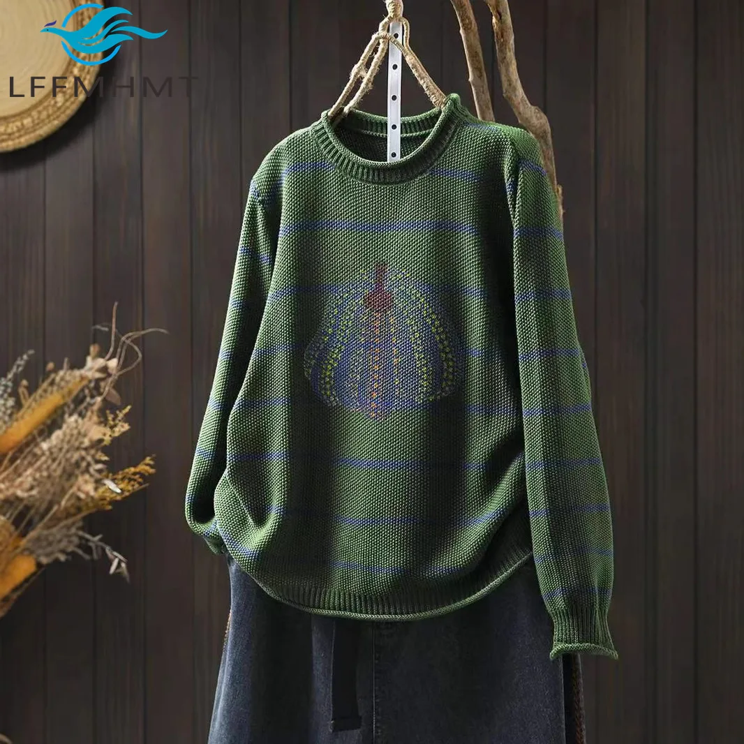 Winter Fall Fashion Vintage Striped Knitting Sweater for Women Casual Loose Long Sleeve O-neck Pumpkin Print Female Pullover Top