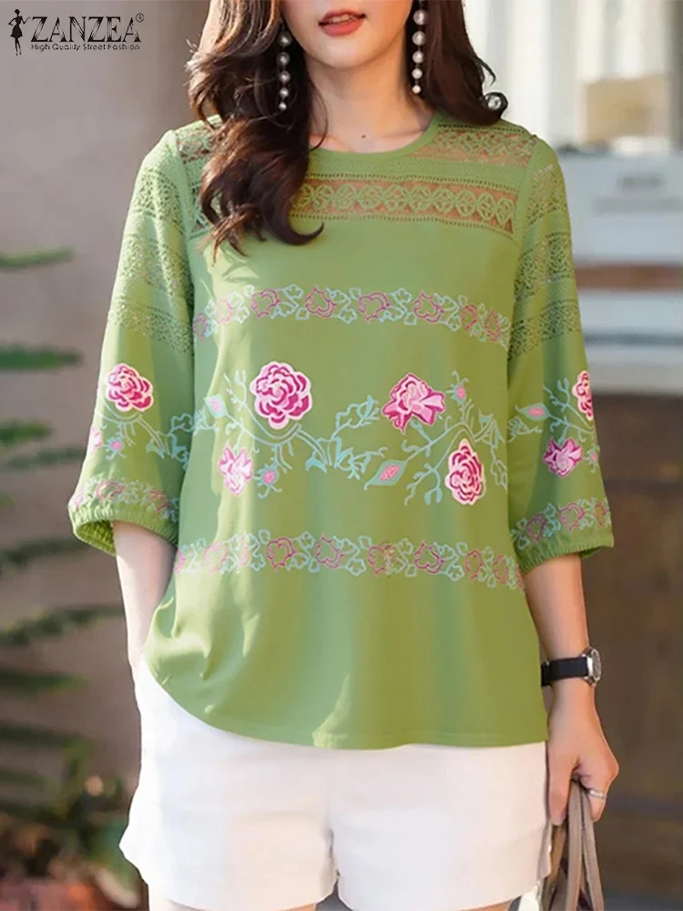 

ZANZEA, элегантные открытые блузки, богемные топы с цветочным принтом, туника, 2024, женская блузка, повседневная свободная осенняя пуловер с круглым вырезом