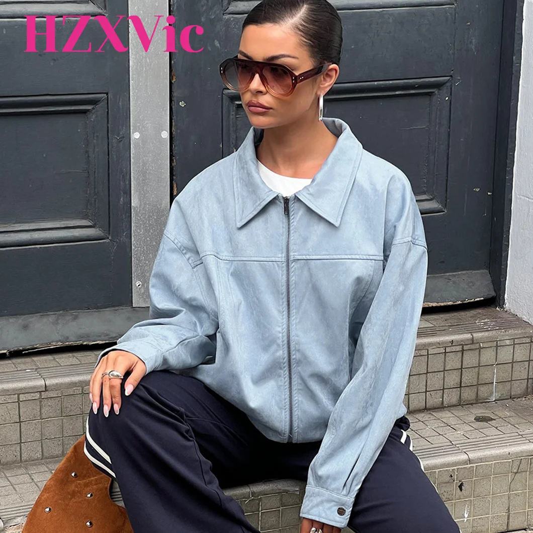 

HZXVic куртка из искусственной кожи, женская куртка-бомбер, мотоциклетные куртки на молнии, осенняя модная одежда больших размеров, зимние пальто 2025 голубые