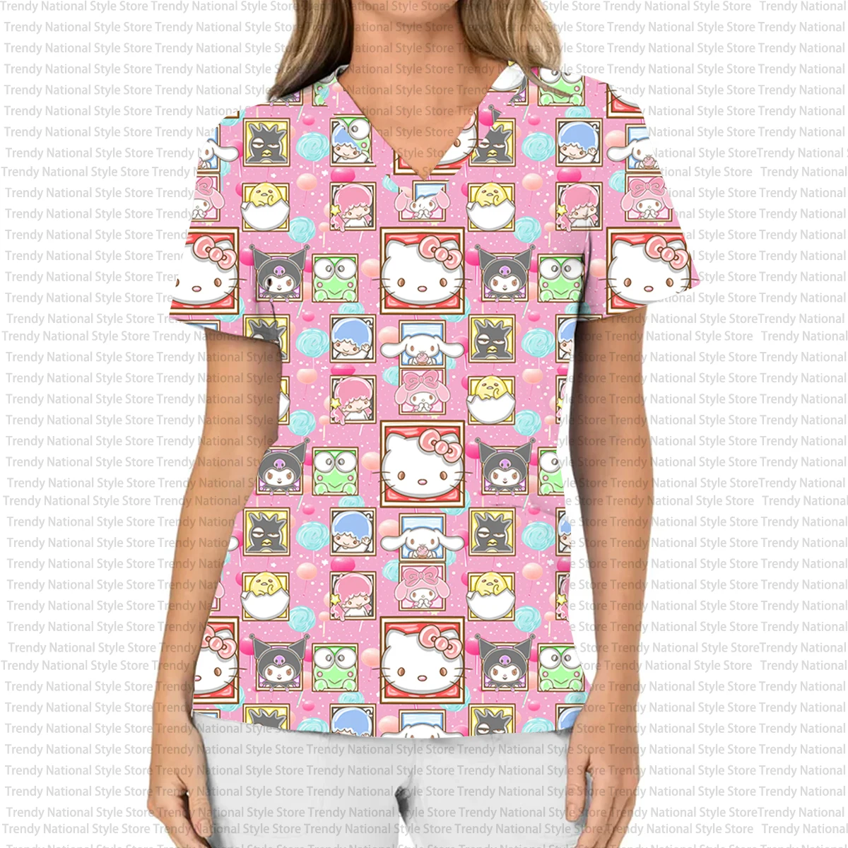 女性の作業服 ソフトマットトップ Vネック ポケットTシャツ 絶妙なハローキティプリント オフィスカジュアルTシャツに最適