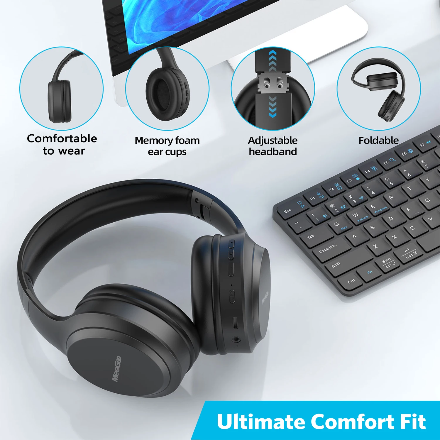 سماعات MeeGoo فوق الأذن بلوتوث قابلة للطي لسهولة التخزين تدعم الاتصال السلكي/اللاسلكي سماعة رأس بخاصية البلوتوث الضوضاء #4