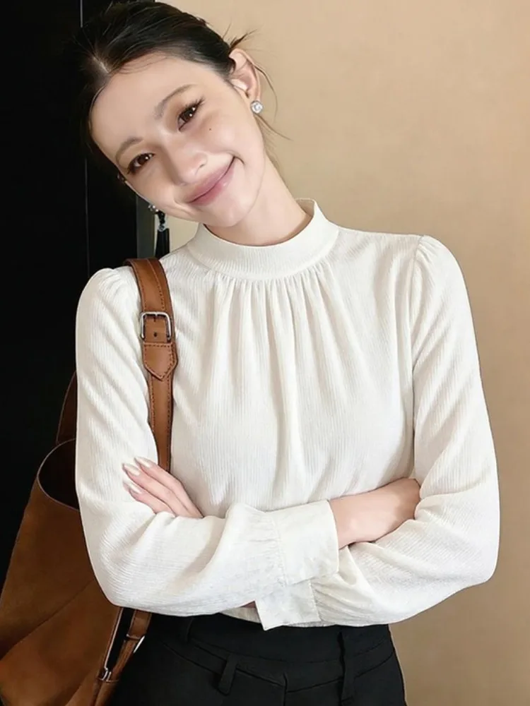 Women's Stand Collar Chiffon Shirt Spring Autumn New Style Belly Cover Fashionable Base Layer Top Luxury Sensation Blouse