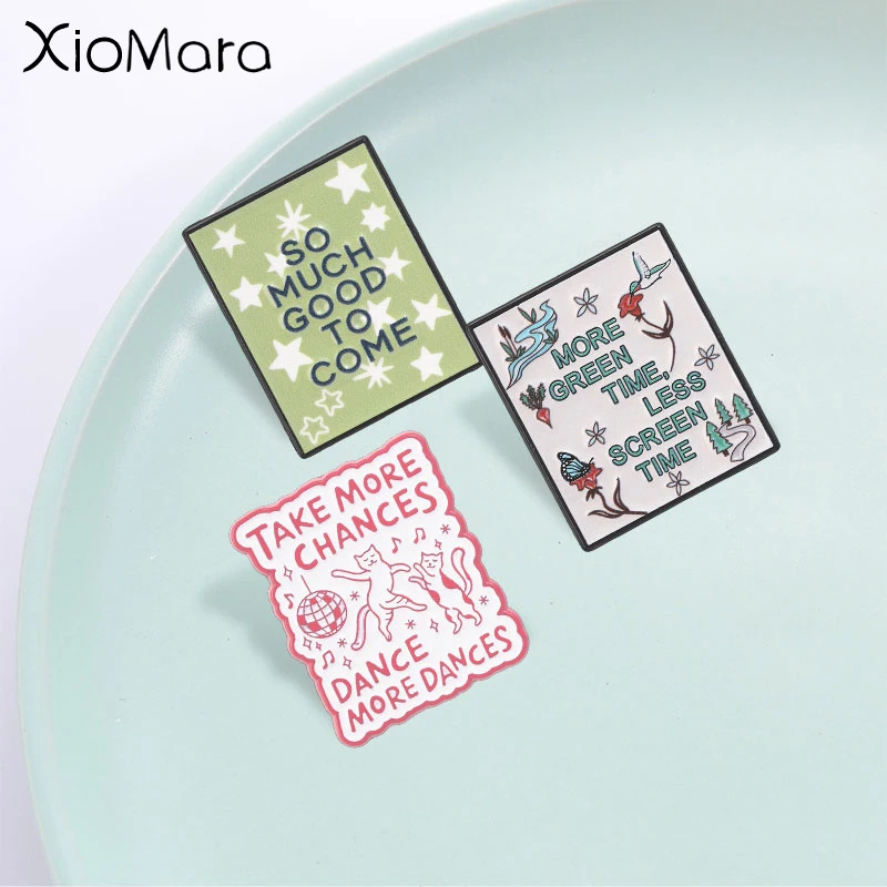 Épinglette en émail avec citation inspirante, chat dansant à la discothèque, badge étoile optimiste et nature en plein air, accessoire de mode, cadeau pour amis