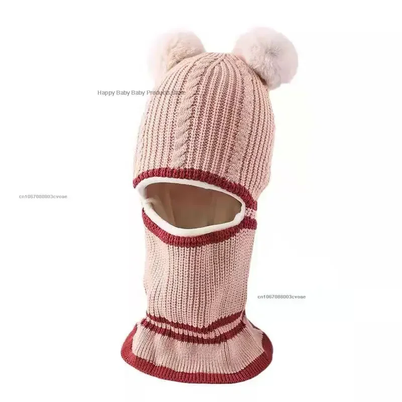 2-5Y Winter Baby Hat Scarf One-Piece Pompom Knit Hat for Kids Warm Neck Ball Cap for Girls Boys Windproof Beanies Infant Cap