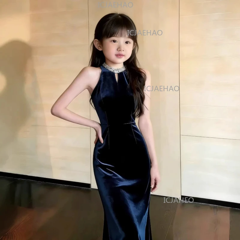 2026 Children Girls Model Runway Mermaid Show Costume Kids Pageant Dress Costume Performance Elegant Fashion Velvet Evening Gown