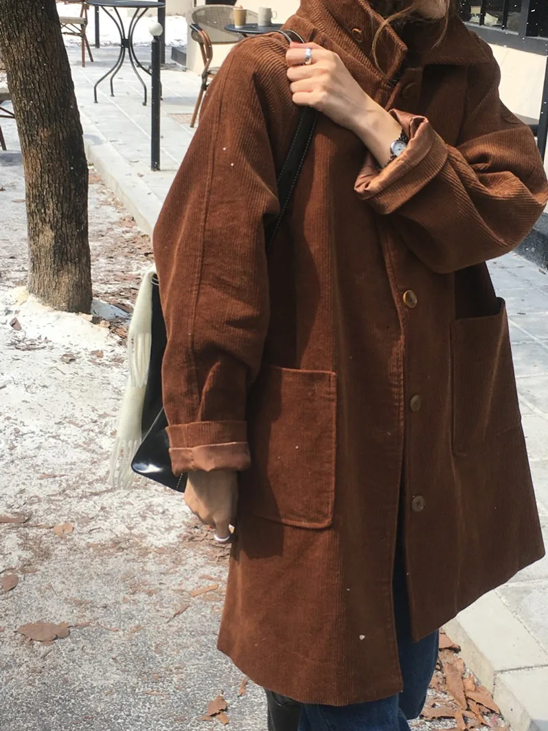 

JL Vintage Corduroy Single-Button Collar Jaet Mid-Length Street Sle Women's Outerwear in Two Colors for Young Adults