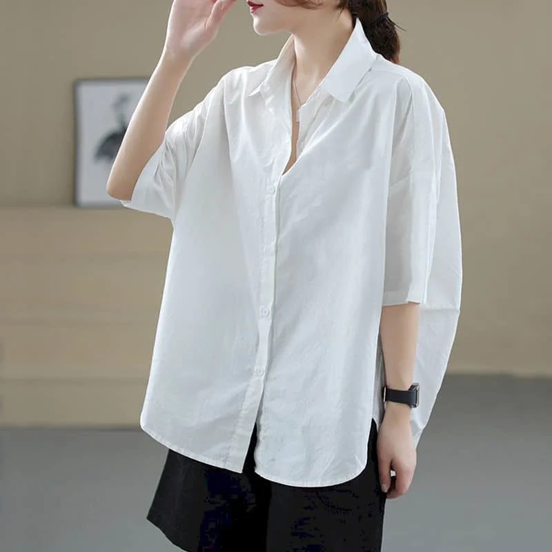 

Cotton White Shirts for Women Vintage Solid Polo-neck Loose Half Sleeve Casual Korean Fashion Single Breasted Blouse Women Tops