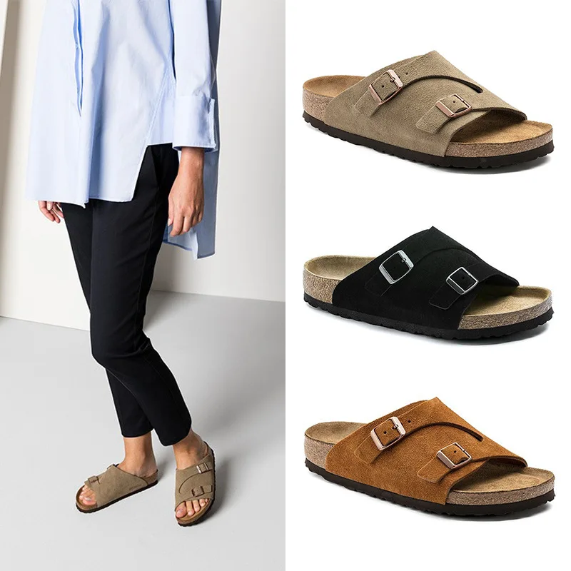 Sandalias gruesas a la moda para hombre y mujer, chanclas de corcho con doble hebilla, antideslizantes, para la playa