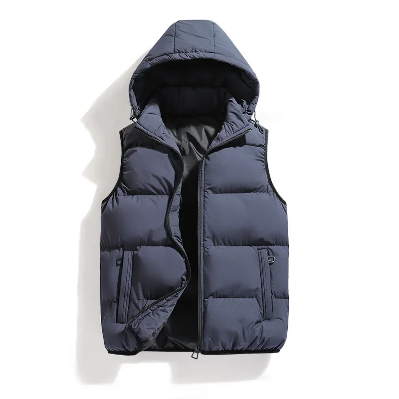New Men's Autumn Winter Cotton Vest Warmth Hooded Solid Color Public Version Shoulder Jacket Cross-Border Polyester Lining