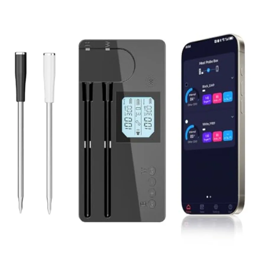 Smart Wireless Meat Thermometer Digital with Dual Probes Highlight Backlit Large Display Built-in 2 Sensors for BBQ Oven Smoker