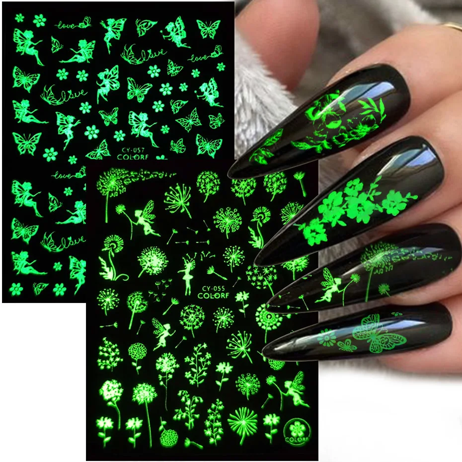 3D Luminous Nail Stickers In The Dark Glow Butterfly Flower Leaf Angel Slider For Nail Decals Manicure Accessories SLCY055-063