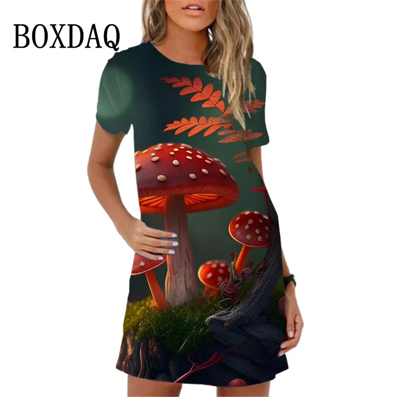 Cartoon Mushroom Print Women Dress 2024 New Summer A-Line Dress Fashion Sweet Short Sleeve O-Neck Loose Ladies Dress Vestidos