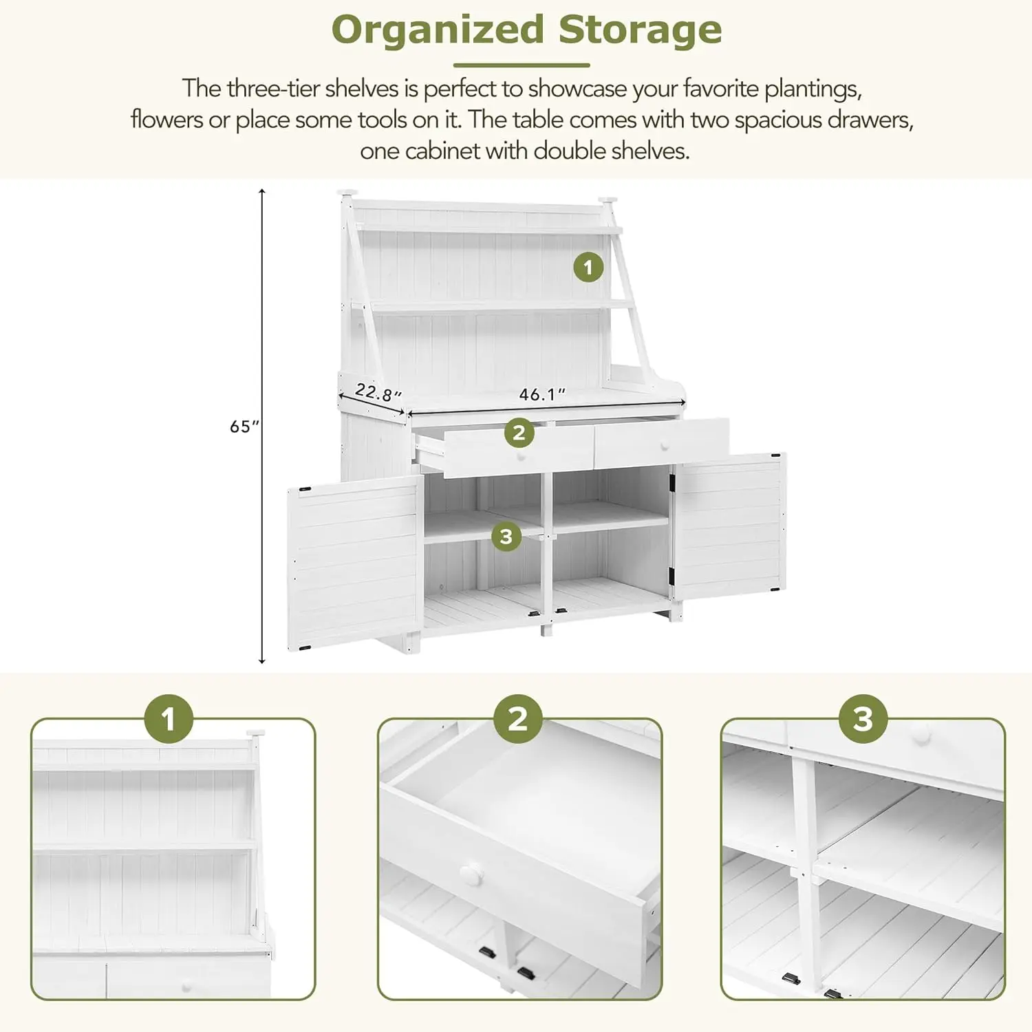 65Inch Garden Potting Bench Table, Fir Wood Workstation With Storage Shelf, Drawer And Cabinet, White