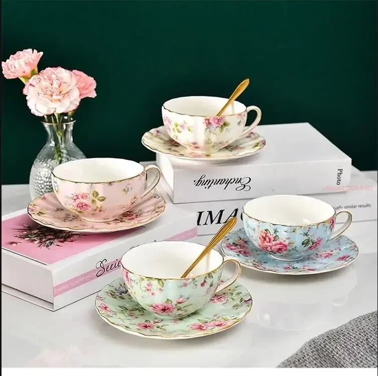 Tea Set Ceramic Coffee Cup Suit British Style High-Grade Bone Golden China Edge Tea Cup and Saucer with a Spoon