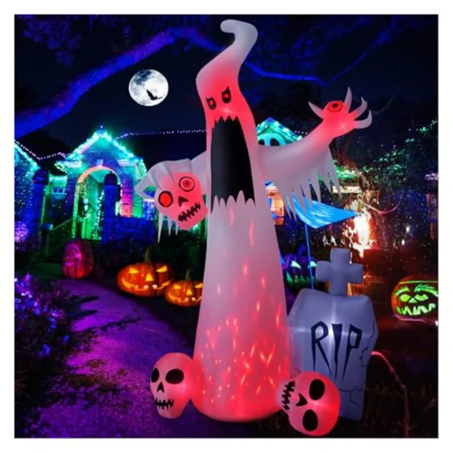Halloween Outdoor Decorations: 12 Ft Inflatable Ghost With 3 Skulls, White Fabric, Built-In LED Lighting For Garden And Party