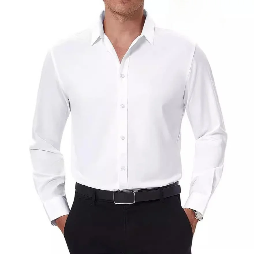 Formal Button up Elastic Mens Shirt Four Sided Non Deformable Long Sleeve Casual Wear Resistant Ironing Simple Style Pure Color