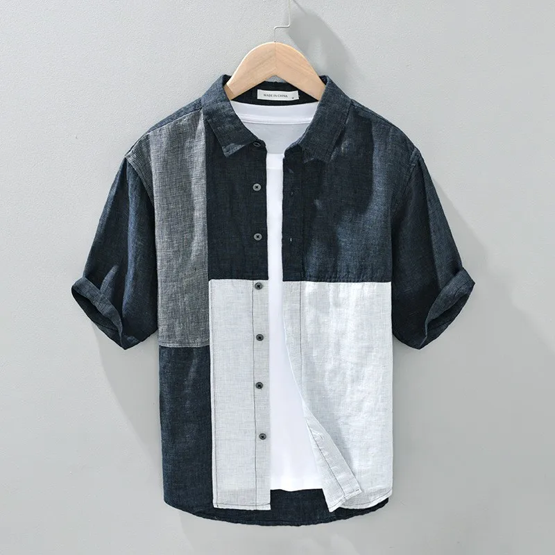 

Summer Casual Contrast Color Linen irt Men's f Sve Breathable Thin Fabric Loose Fit Square Collar Open Cardigan