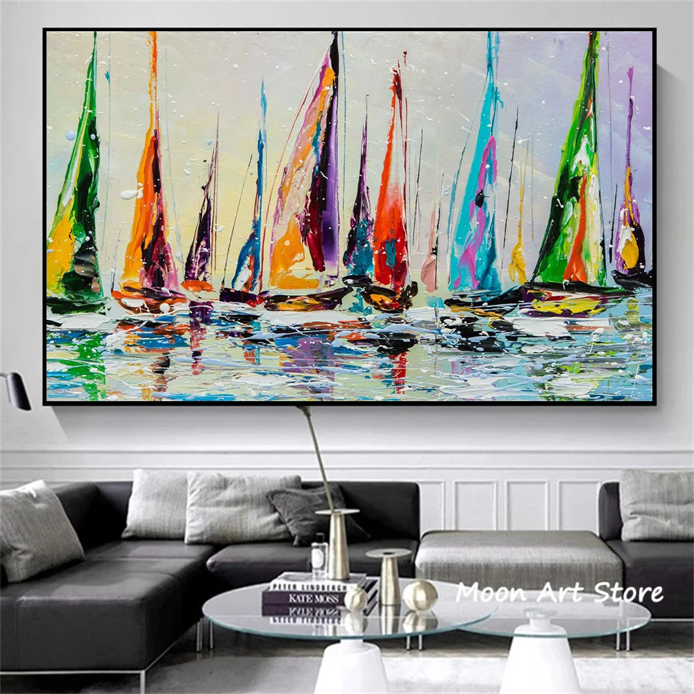 Vintage Oil Painting Sailing Boat Poster Color Sea View Canvas Painting HD Print Modern Wall Art Picture Living Room Home Decor