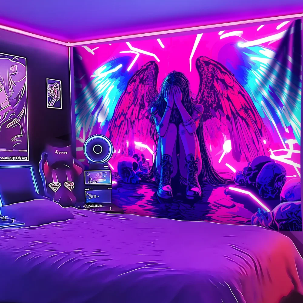 VIKAMA Cyberpunk Dark Angel Tapestry Neon Skull Cool Wall Hanging for Gaming Room, Dorm & Bedroom Decor