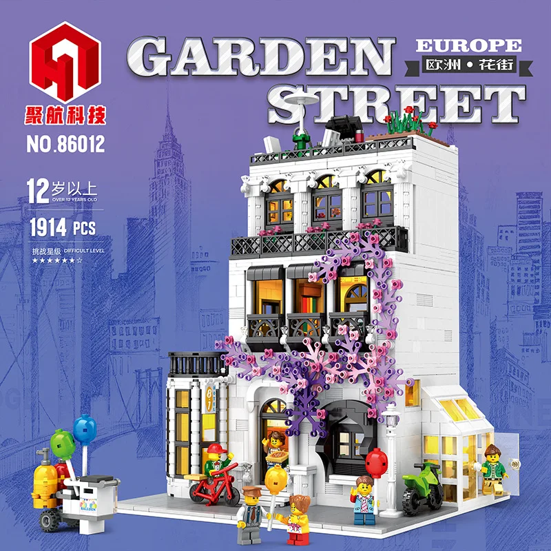 European Flower Street Panoramic Building Blocks - Illuminated MOC Street View, Educational Architecture Puzzle for Kids