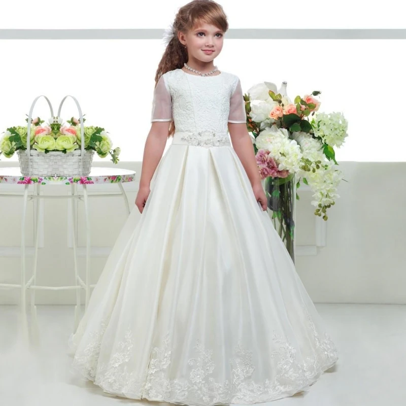 Flower Girl Dresses White Satin Tiered Appliques With Bow Belt Half Sleeves For Wedding Birthday Party Pageant Princess Gowns