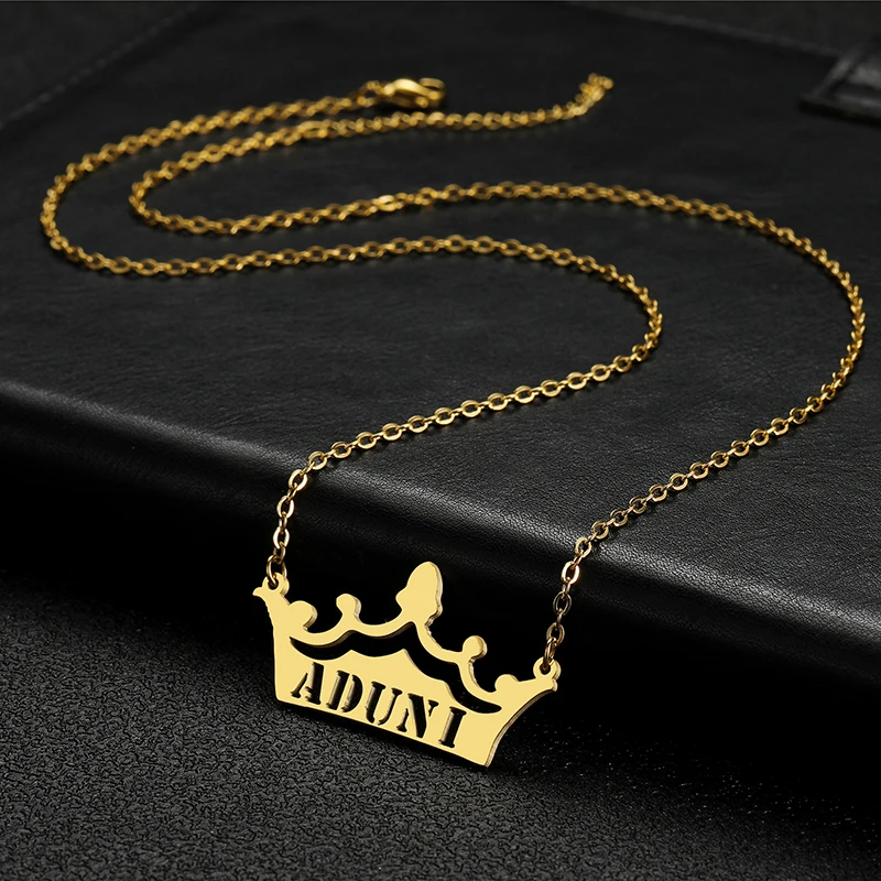 Custom Big Crown Shape Name Necklace Personalized Stainless Steel Letters Choker Cutout Design Pendant Special Men Women Gift