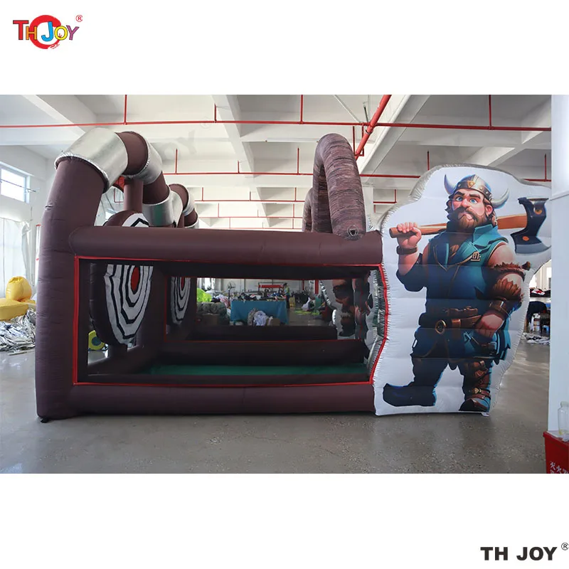 6x5m Nieuw opblaasbaar bijlwerpspel met blazer en bijlen Opblaasbare interactieve spellen voor feestevenementen
