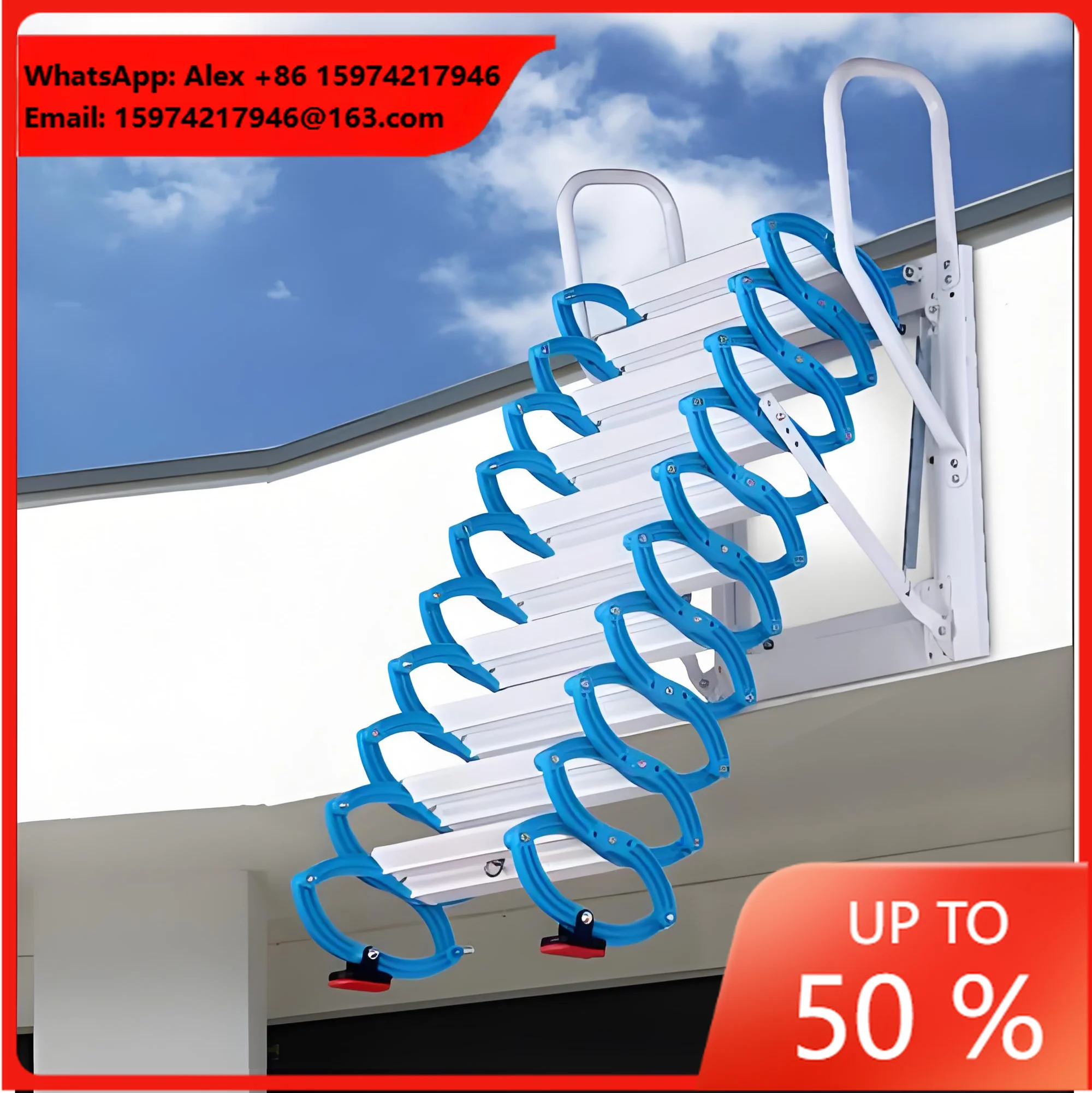 Modern Indoor Outdoor Aluminum Telescopic Ladder Wall-Mounted Manually Operated Retractable Attic Extending Stairs 300kg Load 12