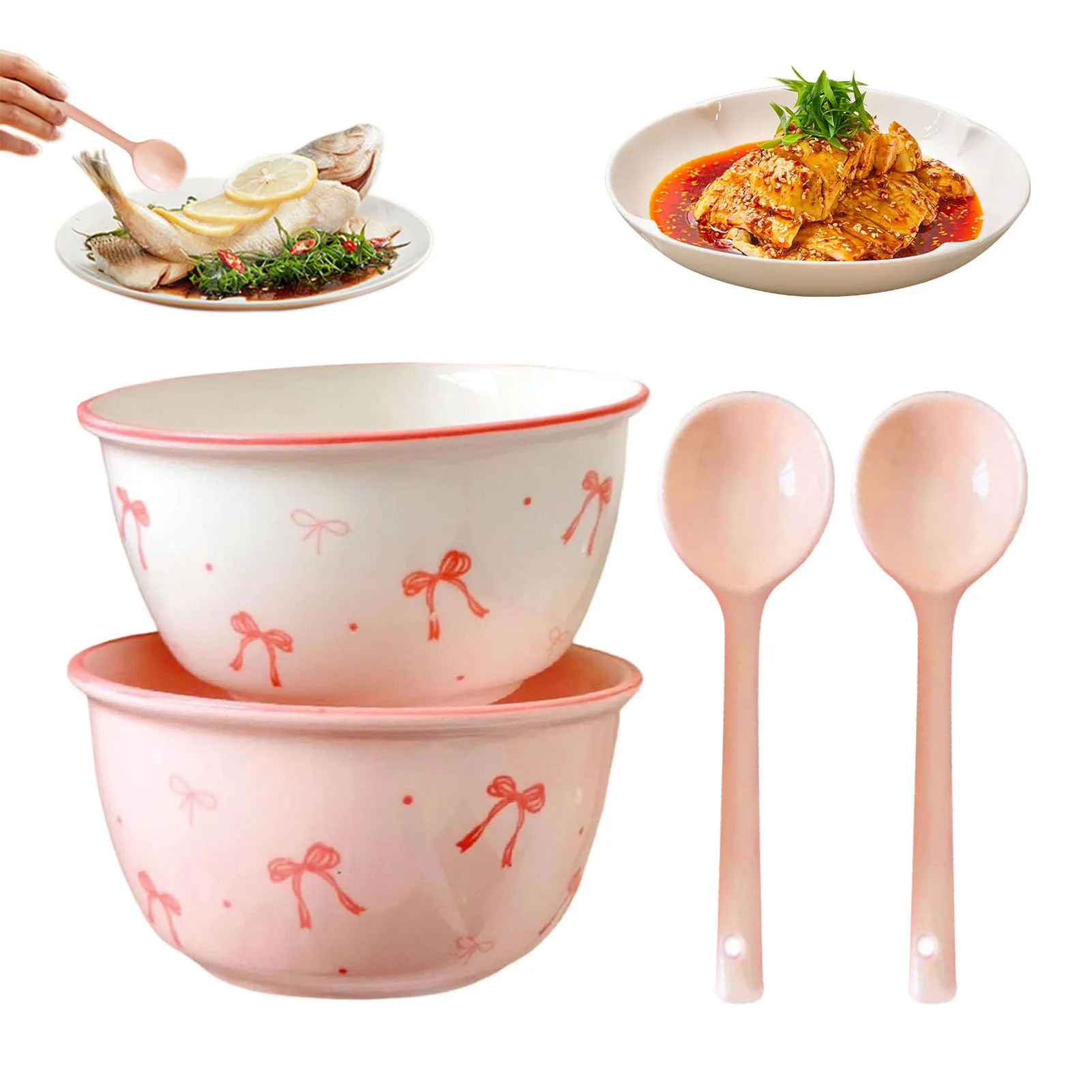 Simpatico set di cucchiai e ciotola in ceramica con un unico motivo a fiocco in colore sottosmalto, regali ideali per parenti e amici