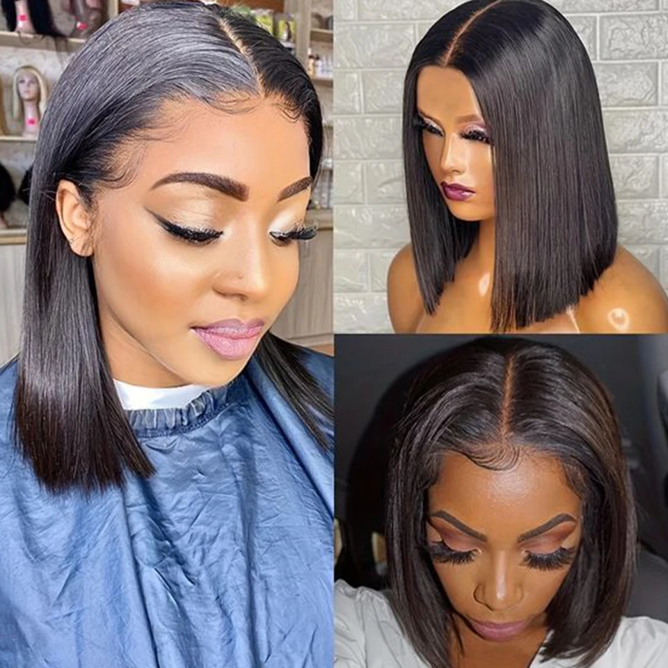 Sleek Brazilian Straight Short Bob Lace Human Hair Wigs 13*5*2 T Part Lace Front Wig 180% Density Lace Front Human Hair Wigs